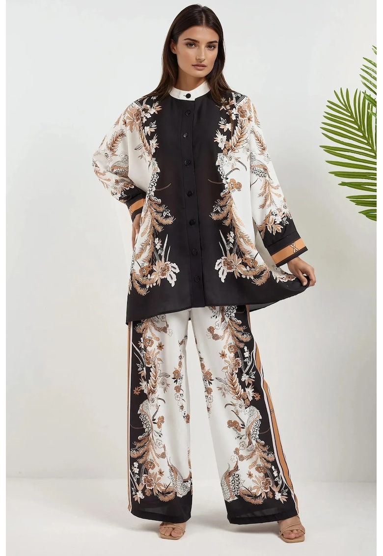 Set coordonat doua piese -  guler floral - talie inalta - negru - textil