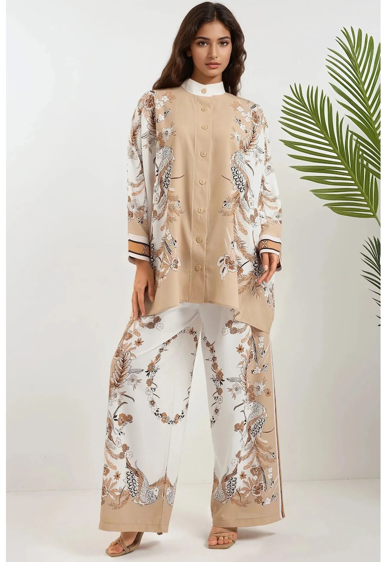 Set coordonat -  doua piese - guler floral - talie inalta - bej - textil