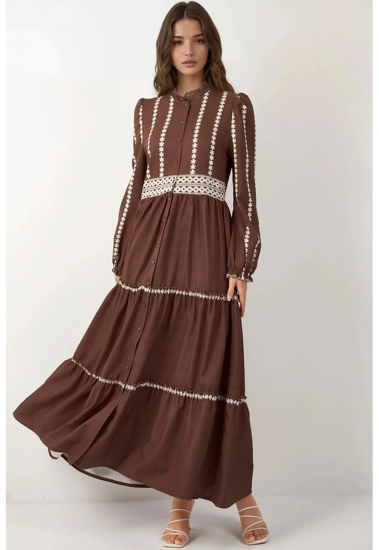 Rochie maxi imprimeu floral - culoare maro - material textil Rochie maxi imprimeu floral - culoare maro - material textil