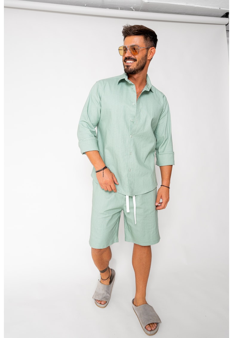Set Lino camasa si pantalon scurt Light Olive New 17415 - Verde masliniu deschis