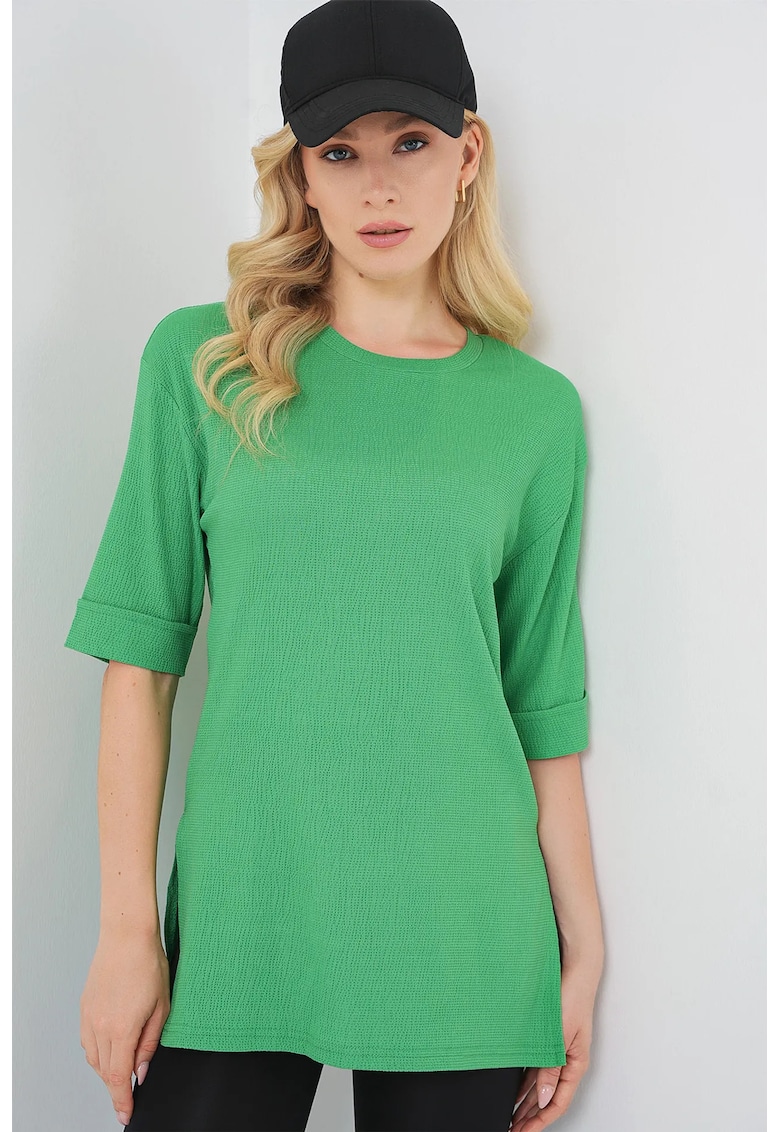 Tricou dama texturat maneca scurta -verde poliester