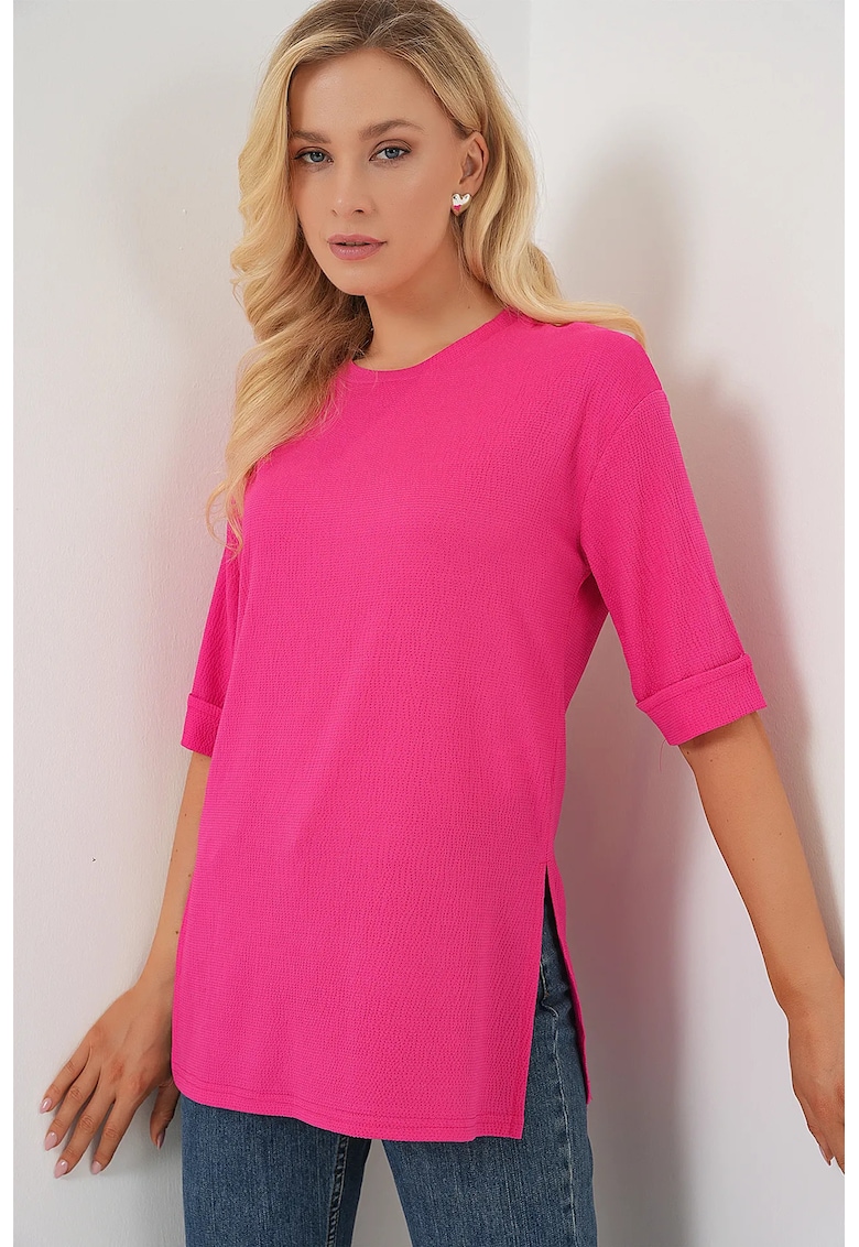 Tricou dama HiCCUP - texturat - roz - poliester - maneca lunga