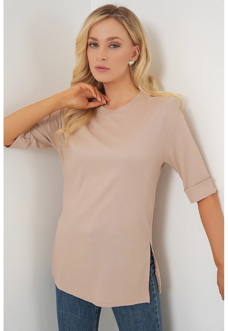 Tricou dama HiCCUP - texturat - maneca bej - Bej Natural