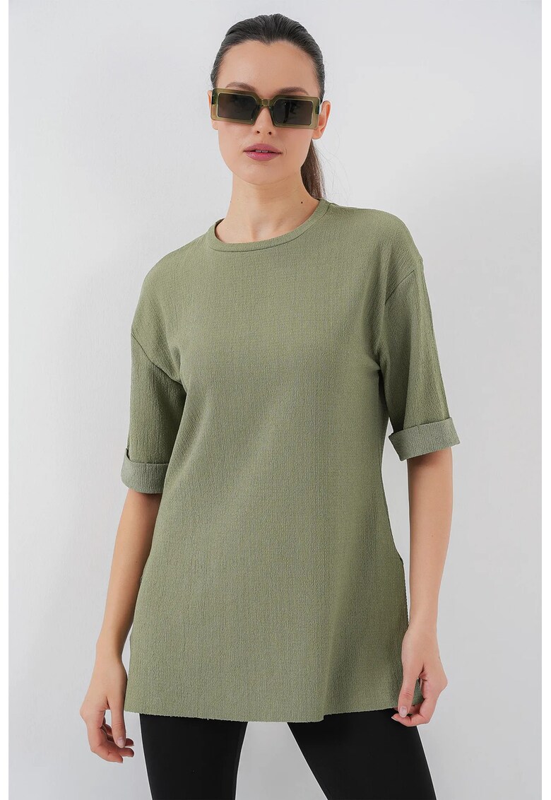 Tricou dama HiCCUP - texturat maneca scurta -verde poliester - Verde salvie