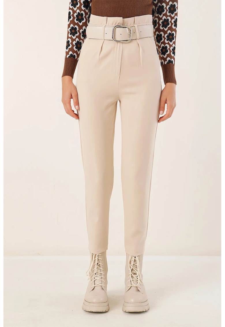 Pantaloni dama - drepti pana la glezna - crem - poliester-lycra