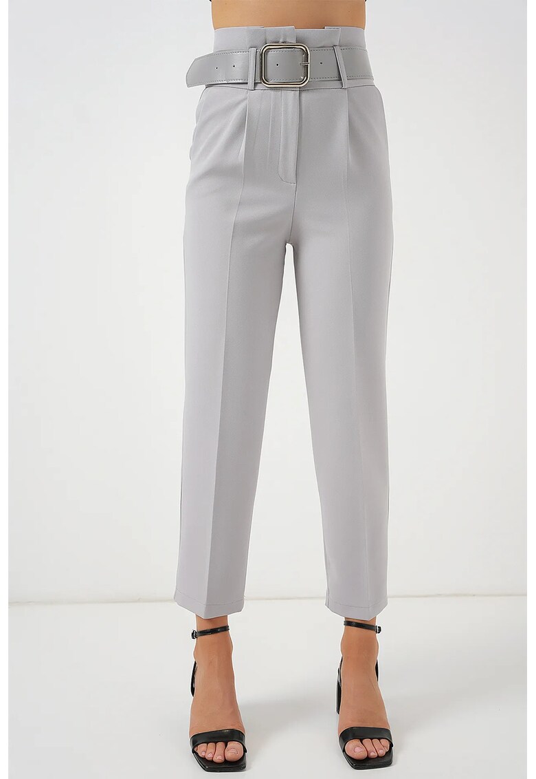 Pantaloni dama - drepti pana la glezna - gri - poliester-lycra