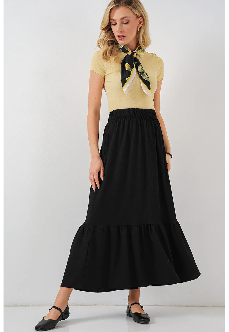 Fusta maxi - HiCCUP - texturata - talie elastica - negru - poliester-lycra - Negru