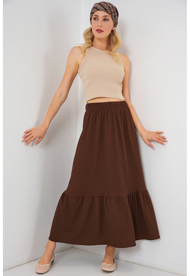 Fusta maxi texturata HiCCUP - talie elastica - maro - poliester-lycra