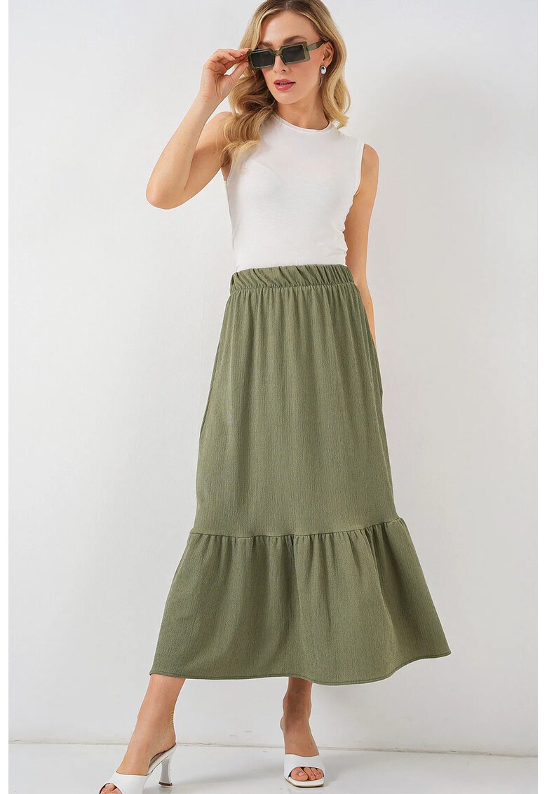 Fusta maxi HiCCUP - texturata - talie elastica - verde - poliester-lycra