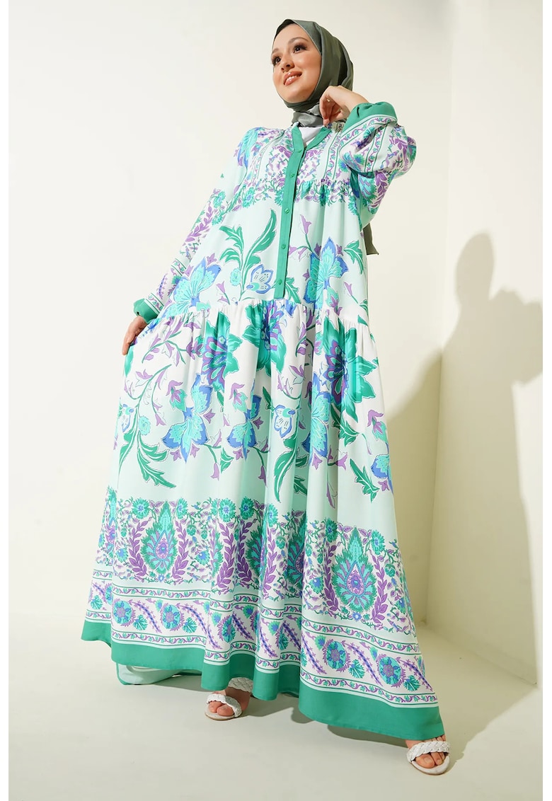 Rochie maxi dama imprimeu - viscoza - maneca lunga - multicolor