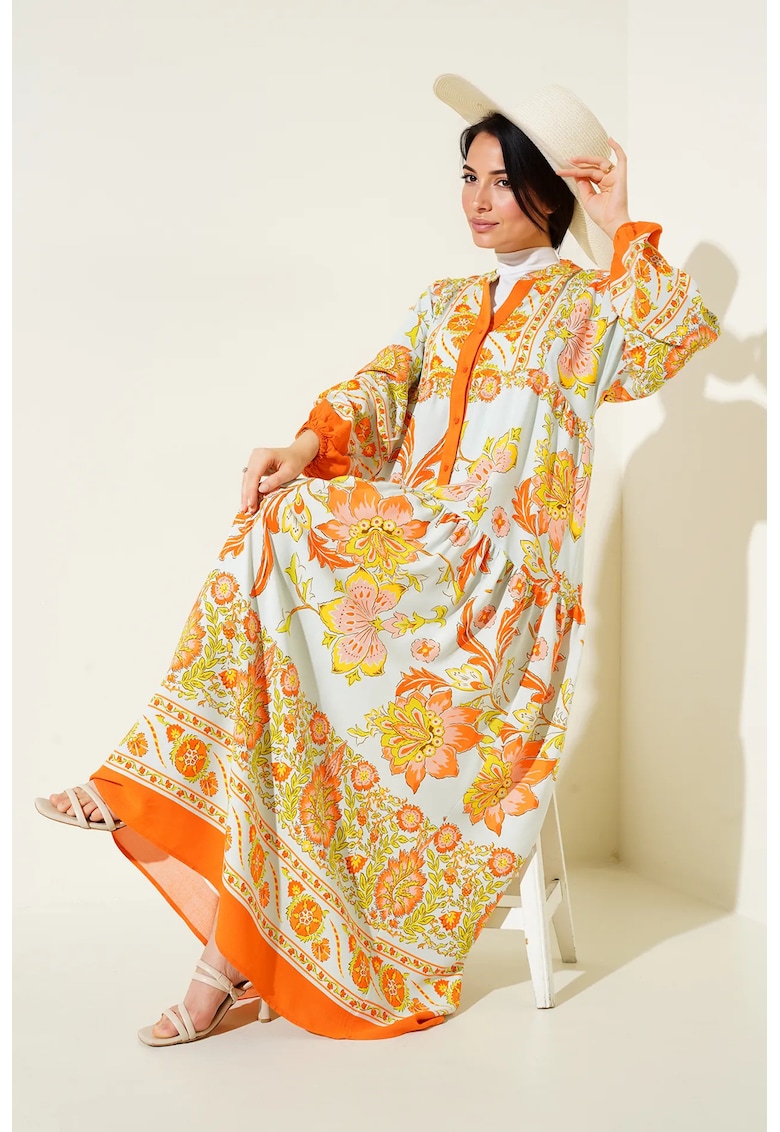 Rochie maxi dama HiCCUP - viscoza - decolteu V - cu nasturi - multicolor