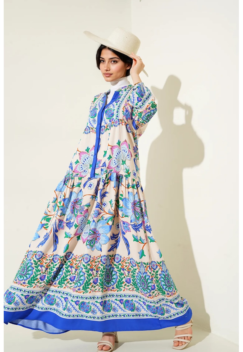 Rochie maxi - HiCCUP - imprimeu - decolteu in V - bleumarin - textil - Albastru inchis