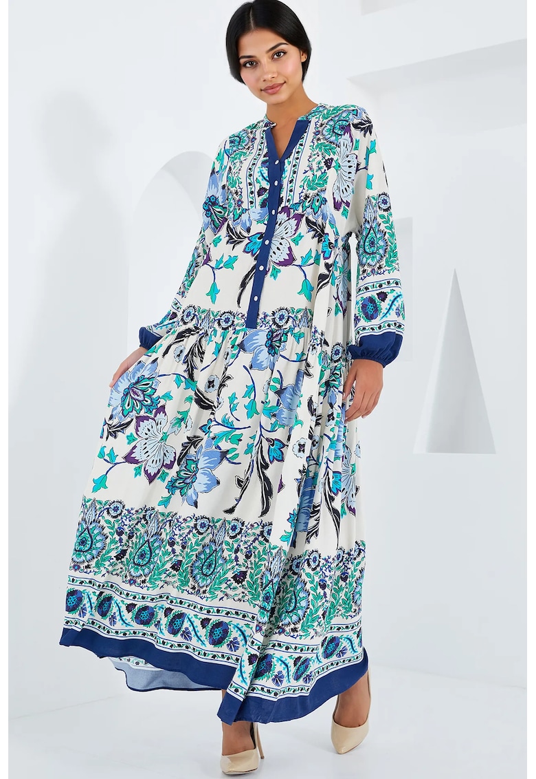 Rochie maxi dama HiCCUP - cu imprimeu - viscoza - maneci lungi - multicolor