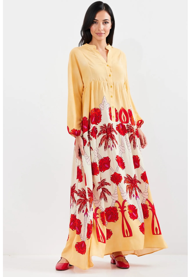 Rochie maxi dama - din viscoza - cu imprimeu - decolteu in V - multicolor