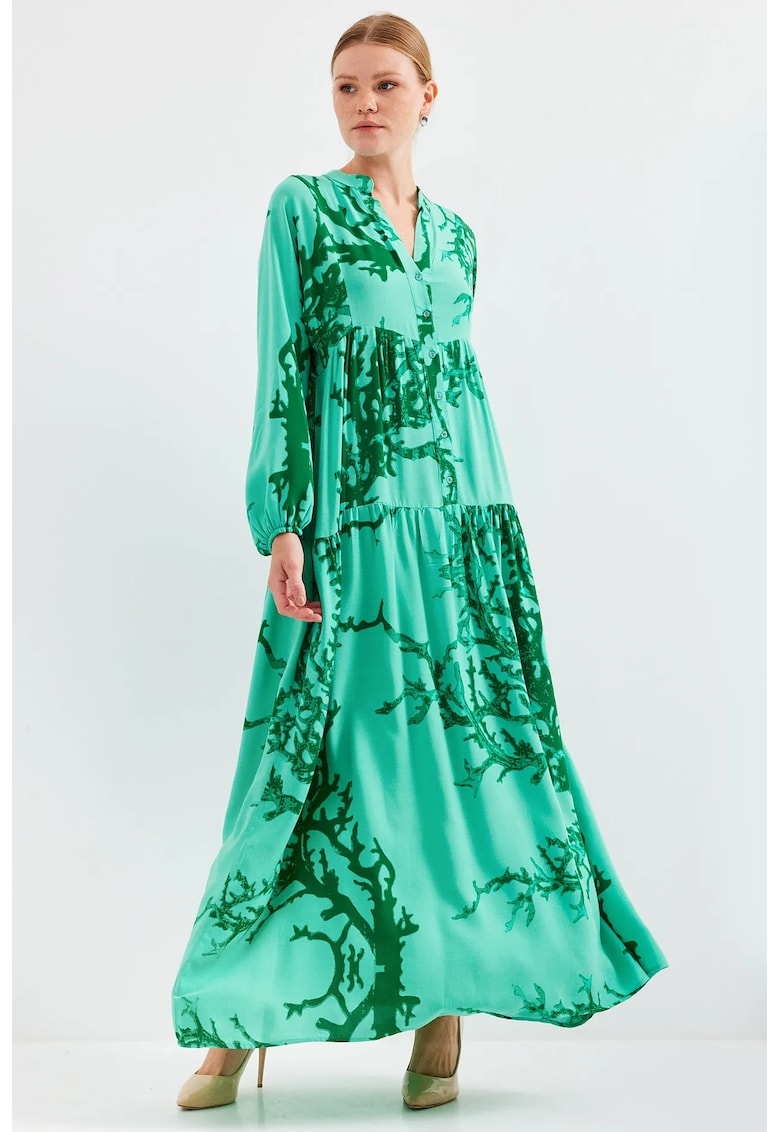 Rochie maxi dama - cu imprimeu - viscoza - maneca lunga - verde