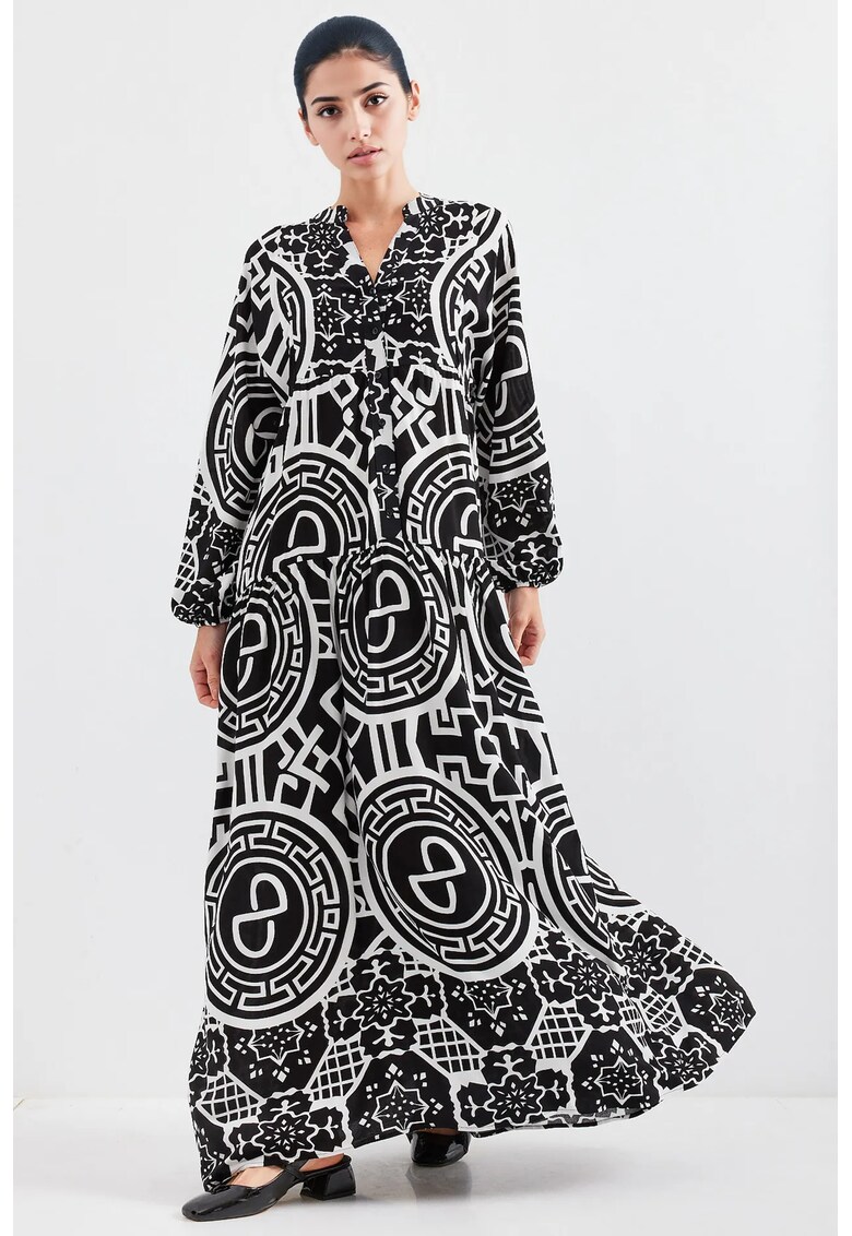 Rochie maxi dama - viscoza - HiCCUP - decolteu in V - alb/negru