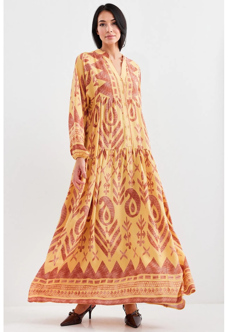 Rochie maxi dama - cu imprimeu - viscoza - maneca lunga - galben/rosu