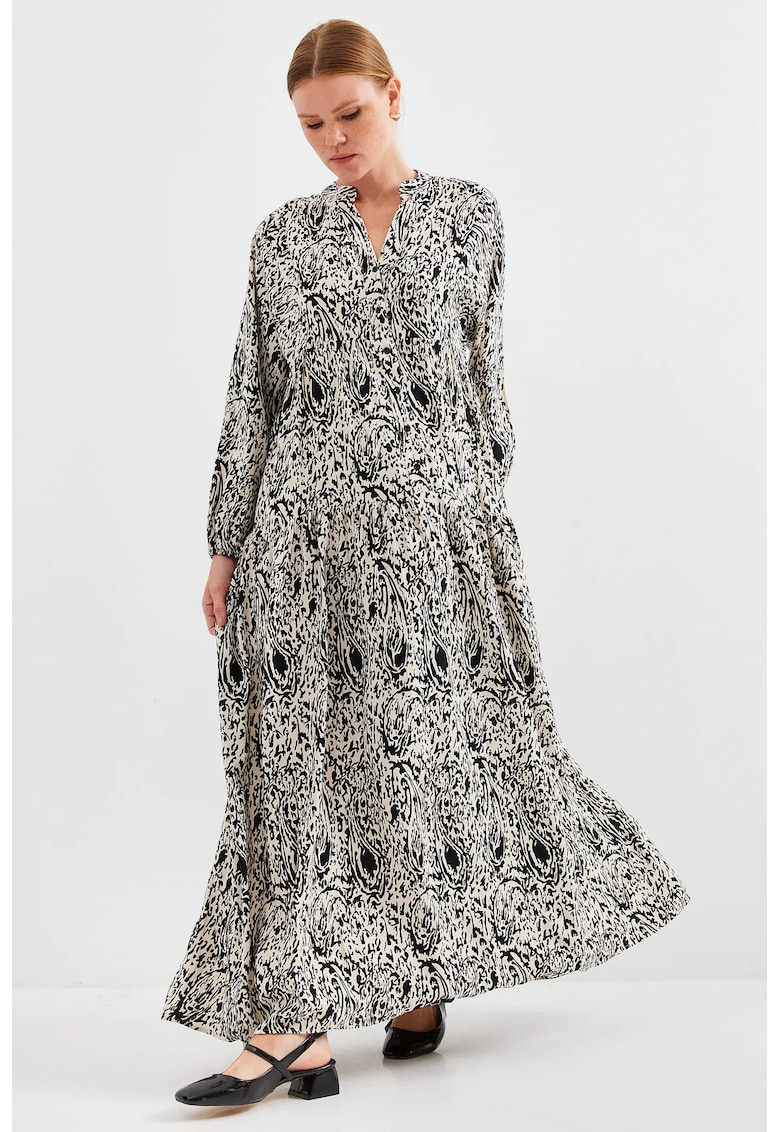 Rochie maxi dama - cu imprimeu - viscoza - maneca lunga - negru/bej