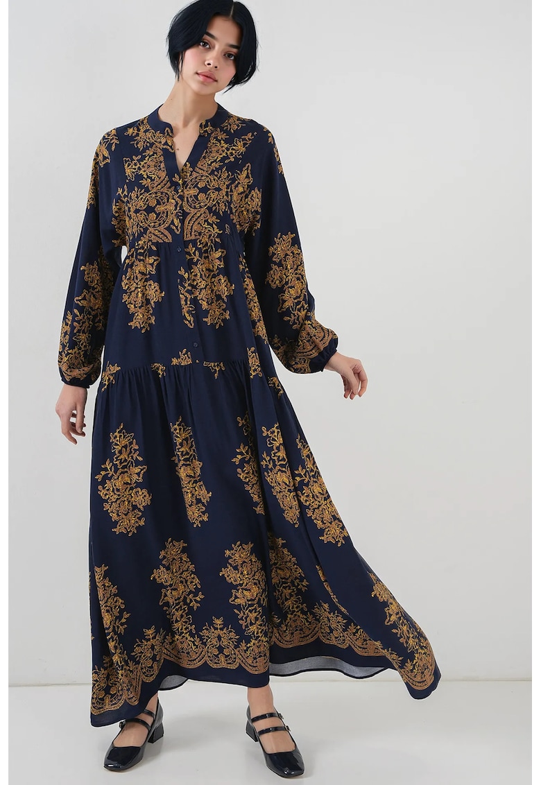 Rochie maxi dama HiCCUP - viscoza - decolteu in V - cu nasturi - bleumarin/galben