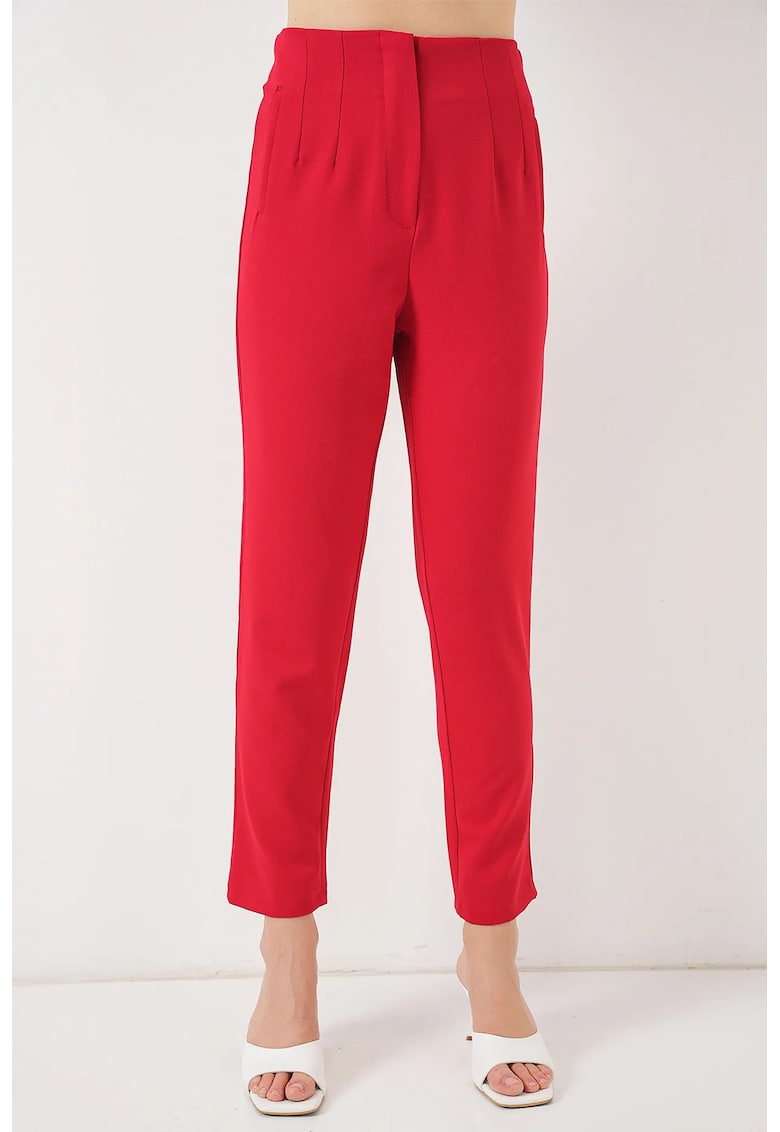 Pantaloni dama - HiCCUP - poliester/viscoza - slim fit - lungime glezna - rosu