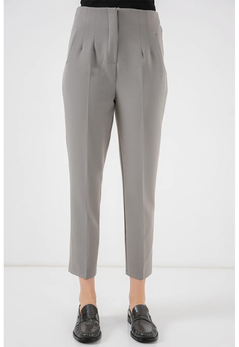 Pantaloni dama - HiCCUP - poliester/viscoza - slim fit - talie inalta - gri