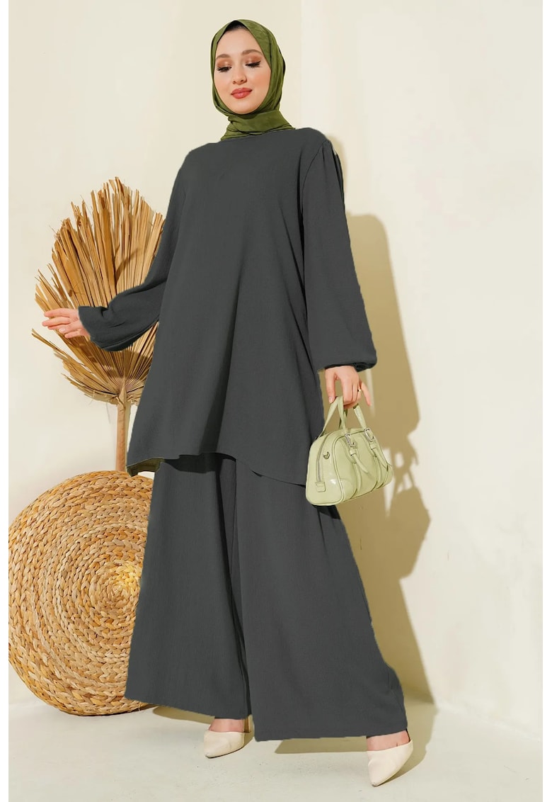 Set doua piese - tunica texturata cu maneca lunga - pantaloni cu picior larg - gri carbune - jerseu