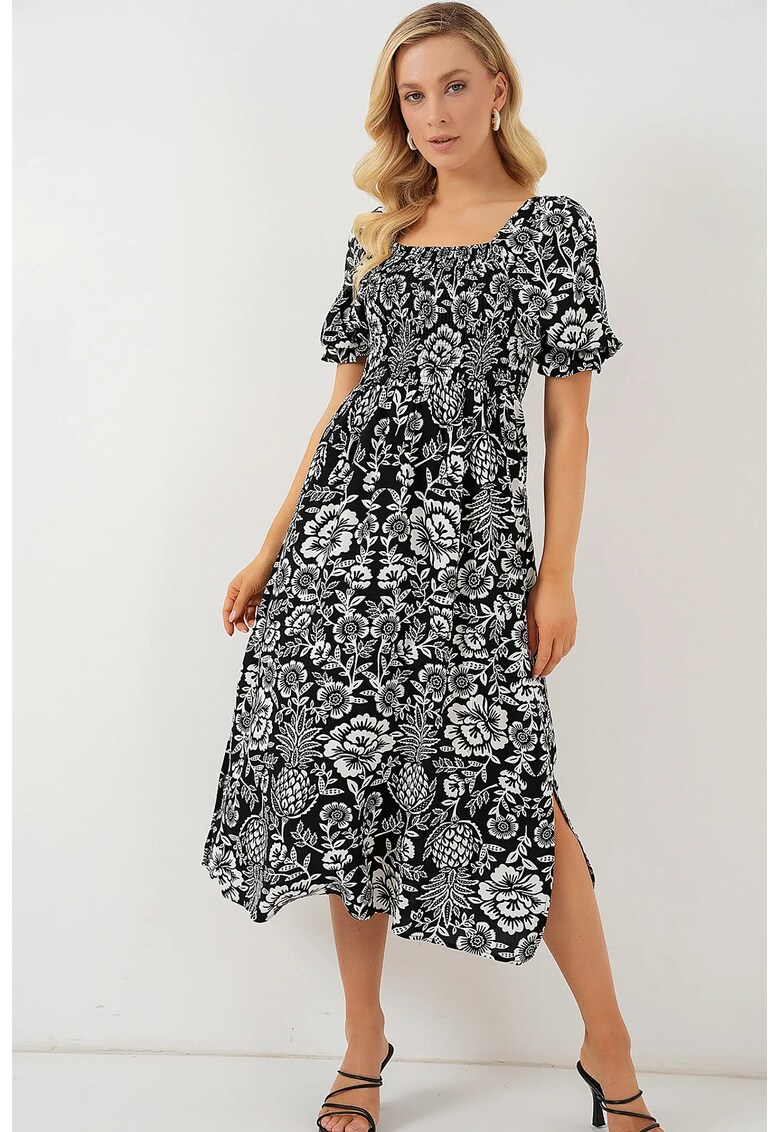 Rochie midi - HiCCUP - imprimeu floral - guler patrat - crapatura - negru - viscoza