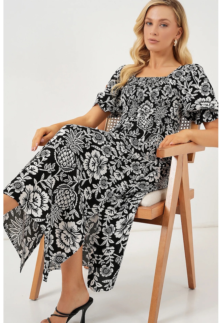 Rochie midi - HiCCUP - imprimeu floral - guler patrat - crapatura - negru - viscoza