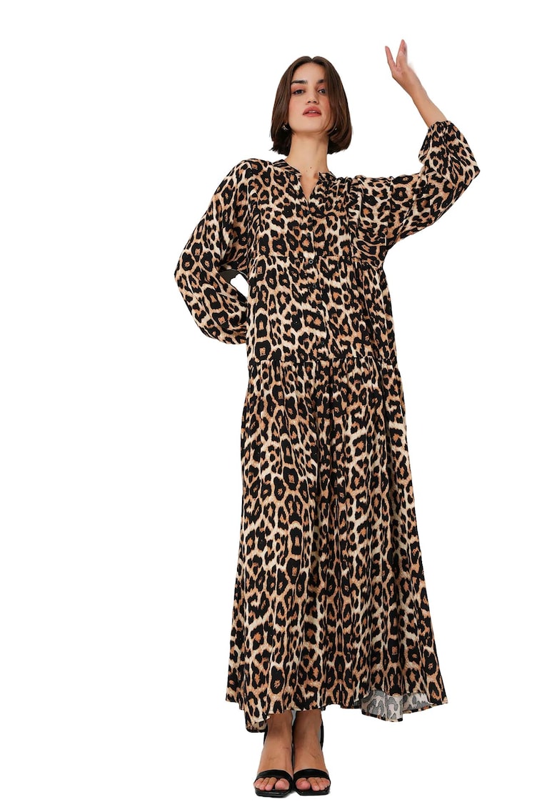 Rochie maxi dama - cu imprimeu - HiCCUP - decolteu in V - viscoza - negru/maro