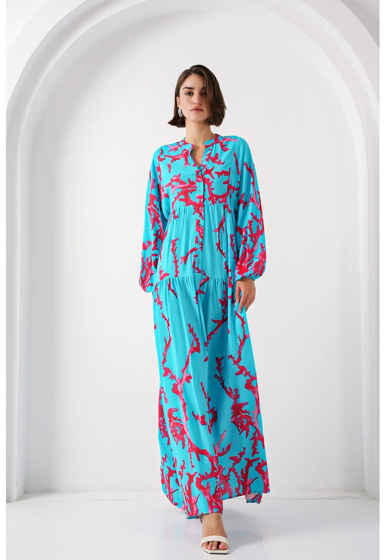Rochie maxi - HiCCUP - cu imprimeu - decolteu in V - albastru - viscoza