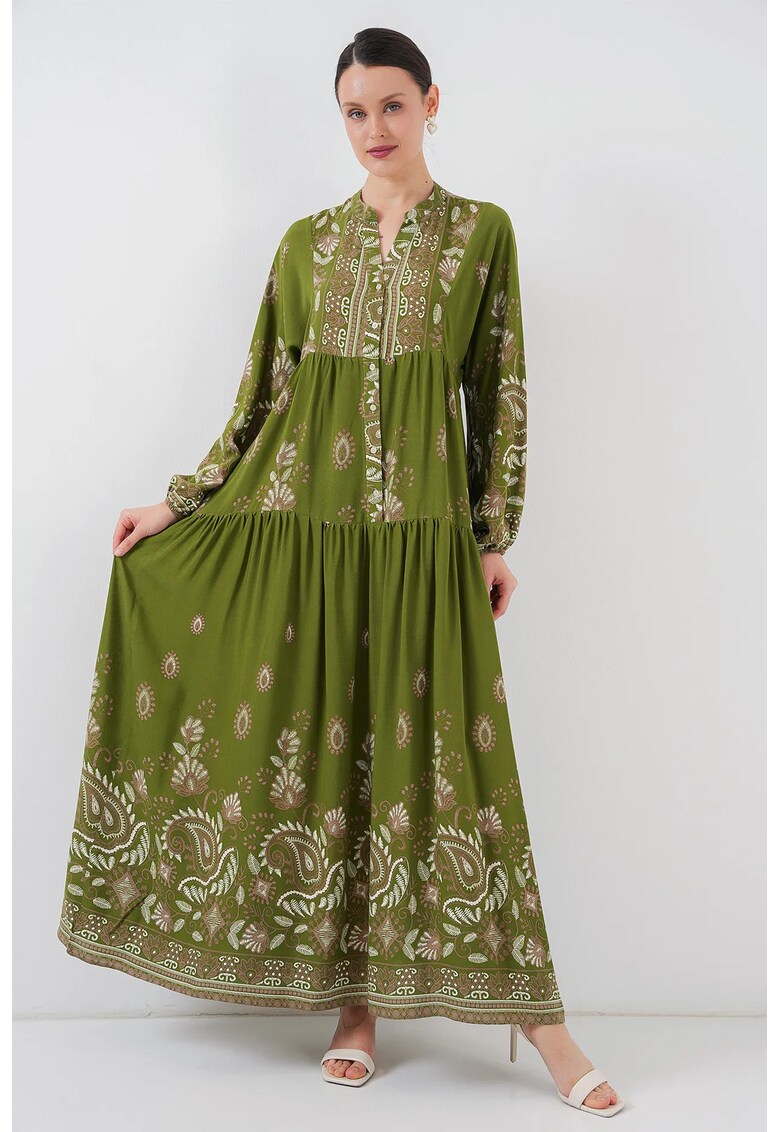 Rochie maxi HiCCUP - imprimeu - decolteu in V - verde - viscoza