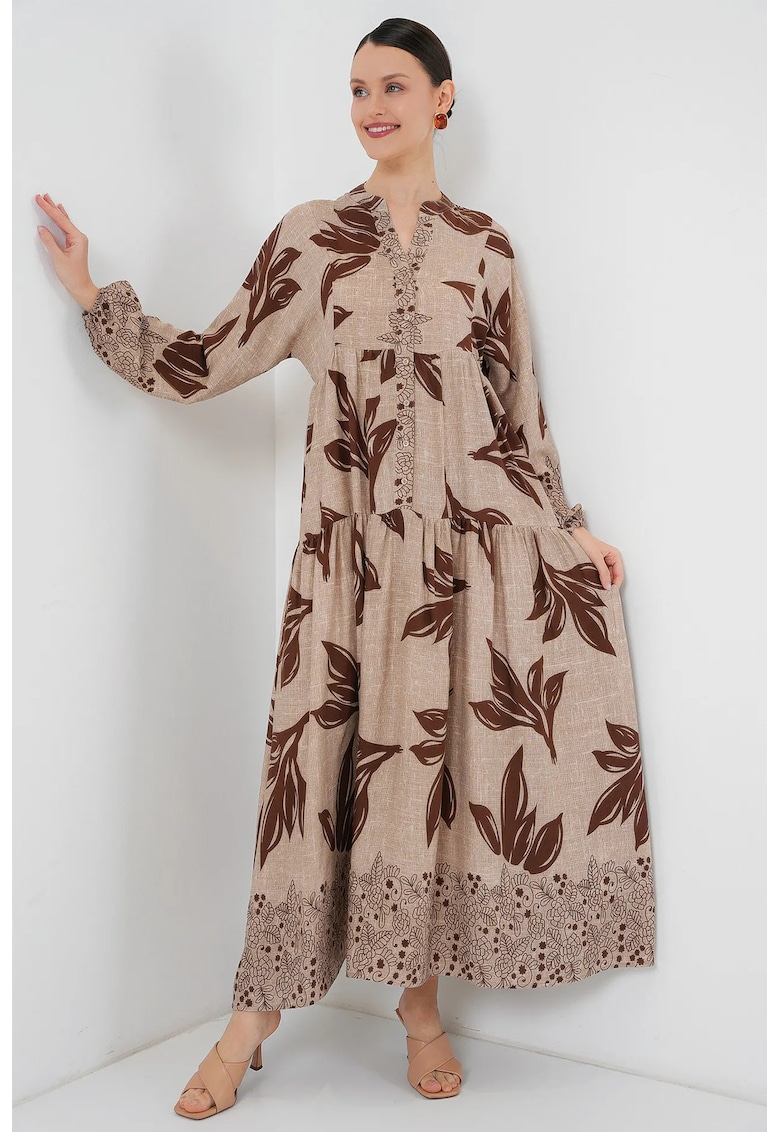 Rochie maxi decolteu in V - imprimata - bej natural - viscoza