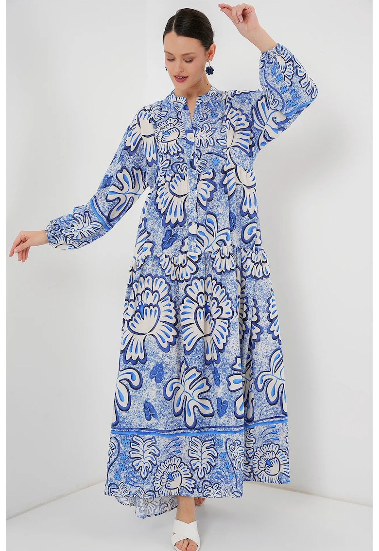 Rochie maxi dama - cu decolteu in V - viscoza - alb/albastru -