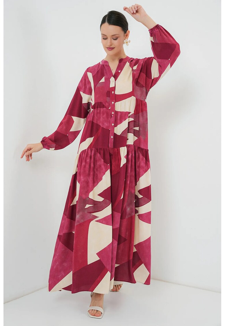 Rochie maxi dama - din viscoza - HiCCUP - cu imprimeu - decolteu in V - bordeaux/crem