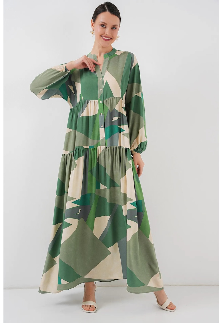 Rochie maxi - imprimeu - decolteu in V - kaki - textil -