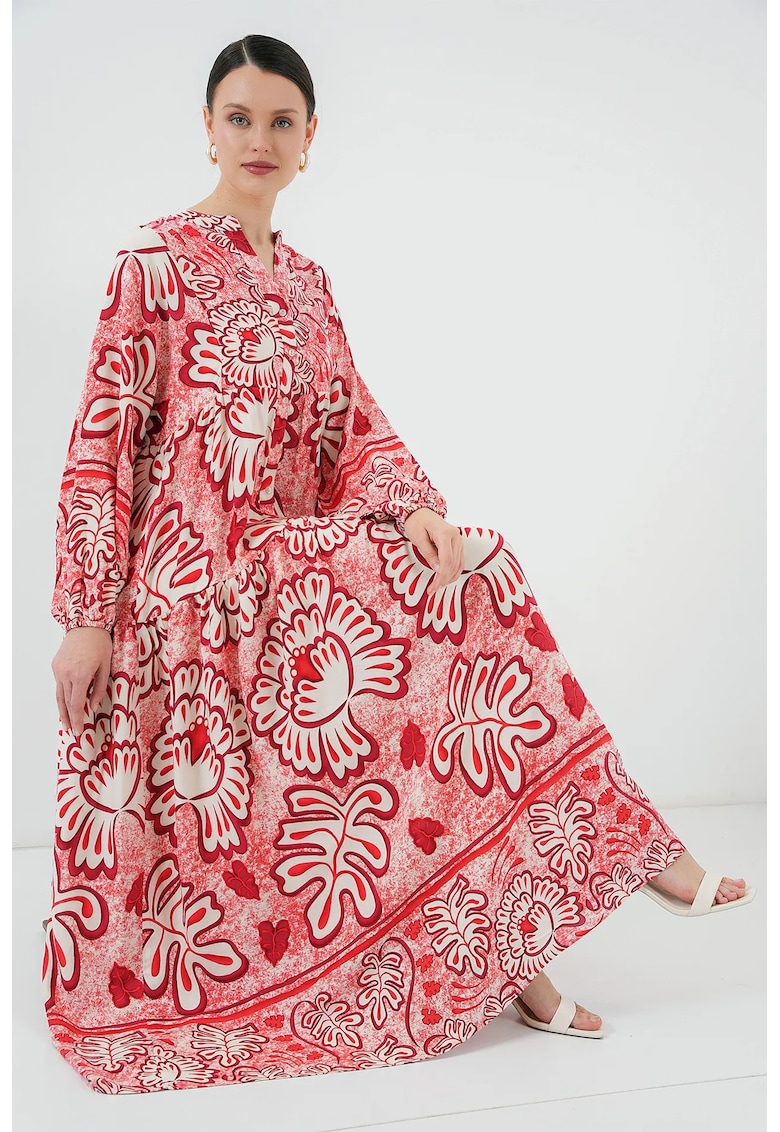 Rochie maxi dama - cu imprimeu - decolteu in V - viscoza - alb/rosu