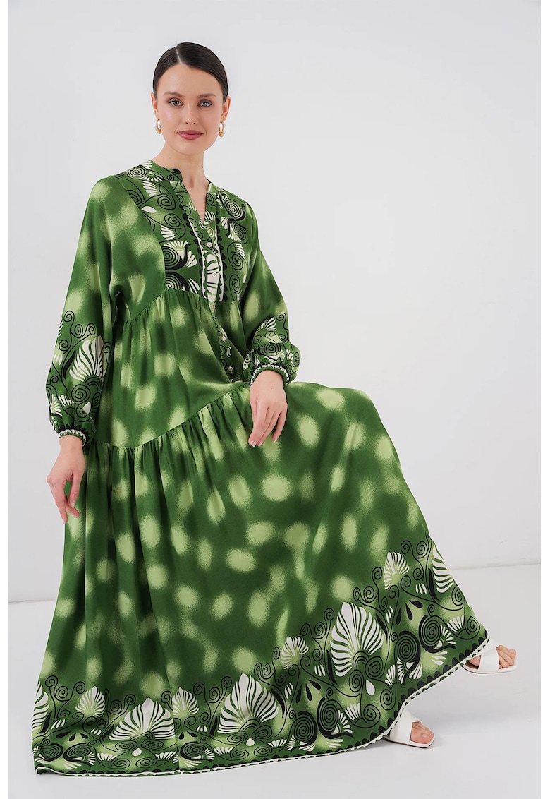 Rochie maxi dama cu imprimeu - decolteu in V - viscoza - verde