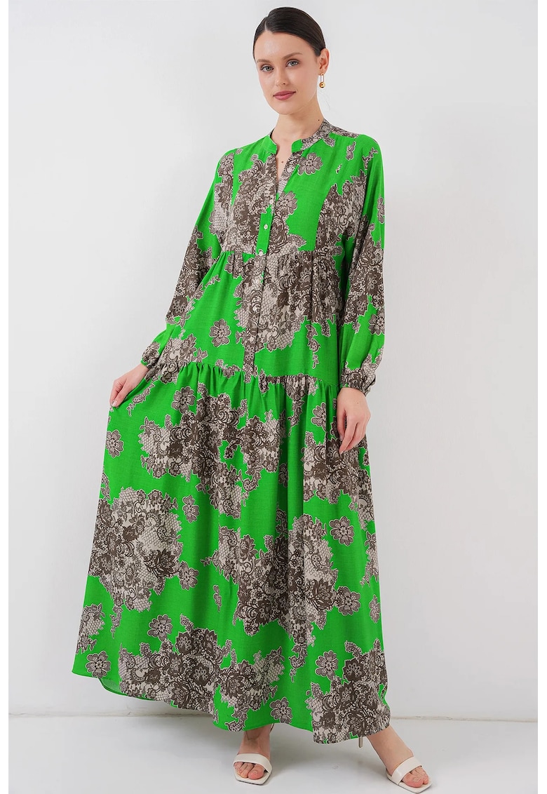 Rochie maxi dama - cu imprimeu - decolteu in V - viscoza - maro/verde