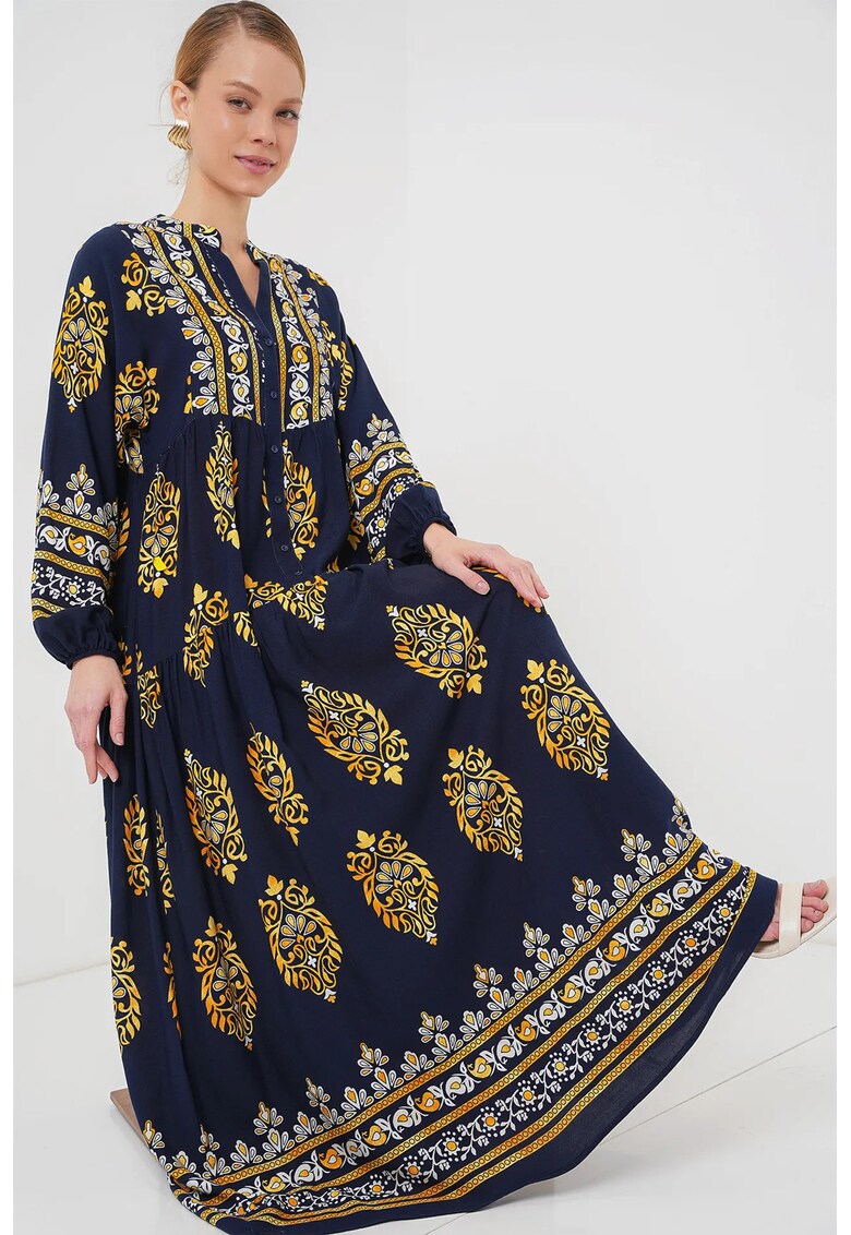 Rochie maxi dama - inchidere cu nasturi - viscoza - cu imprimeu - multicolor