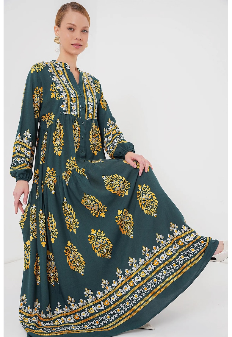 Rochie maxi dama - cu imprimeu - decolteu in V - viscoza - multicolor