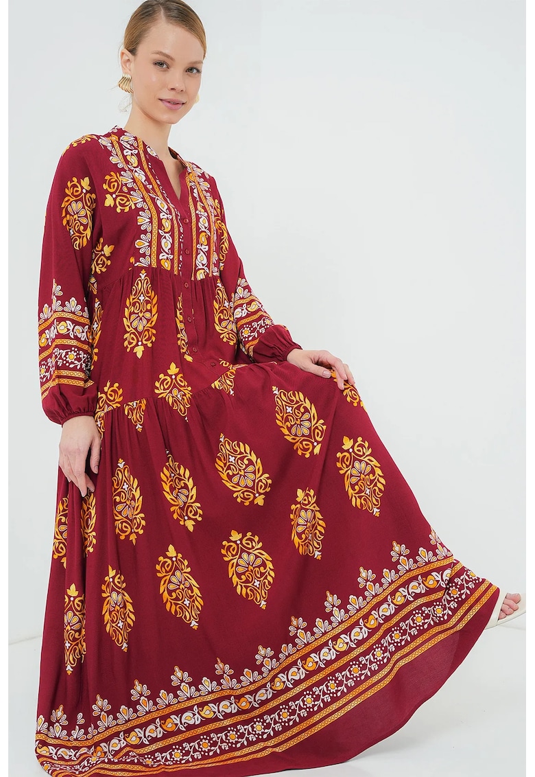 Rochie maxi dama - din viscoza - cu imprimeu - decolteu in V - multicolor