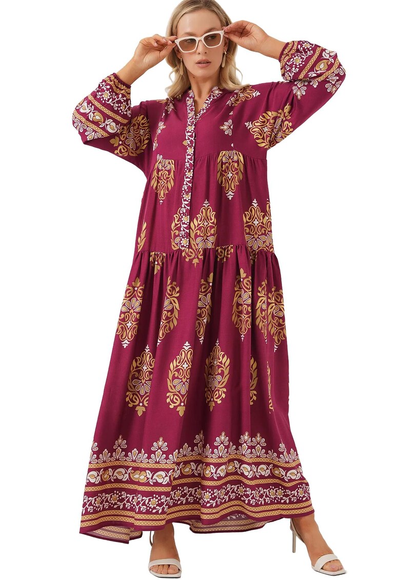 Rochie maxi dama - HiCCUP - viscoza - cu imprimeu - decolteu V - multicolor