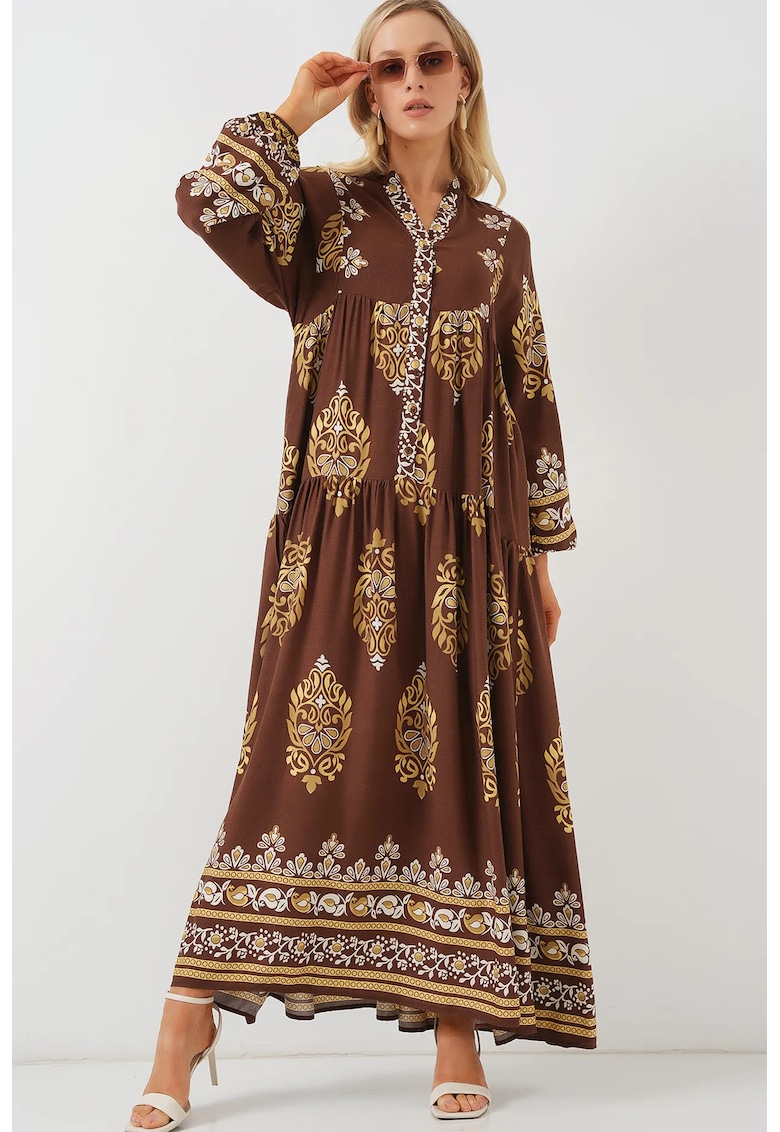 Rochie Maxi imprimata - maro - viscoza - maneca lunga - lejera