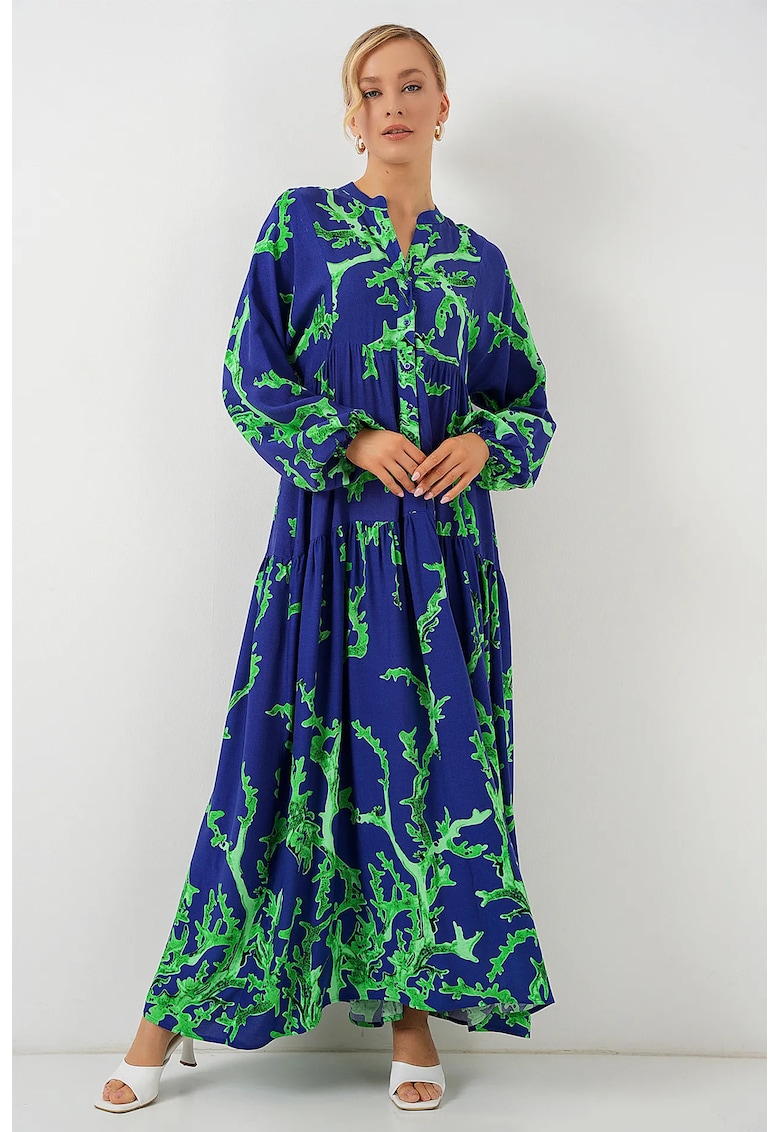 Rochie maxi dama - decolteu in V - cu imprimeu - maneci lungi - viscoza - albastru/verde