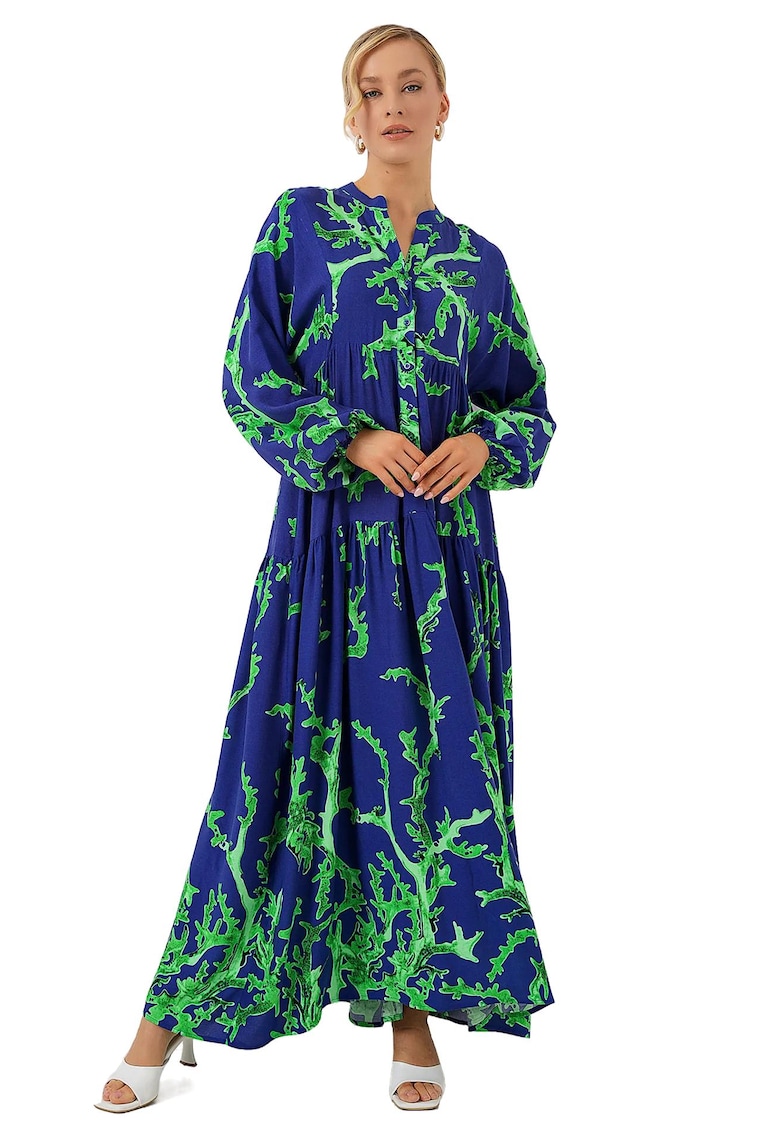 Rochie maxi dama -  decolteu in V - cu imprimeu - maneci lungi - viscoza - albastru/verde