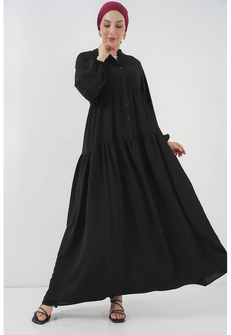 Rochie maxi - HiCCUP - decolteu in V - inchidere cu nasturi - neagra - textil - Negru