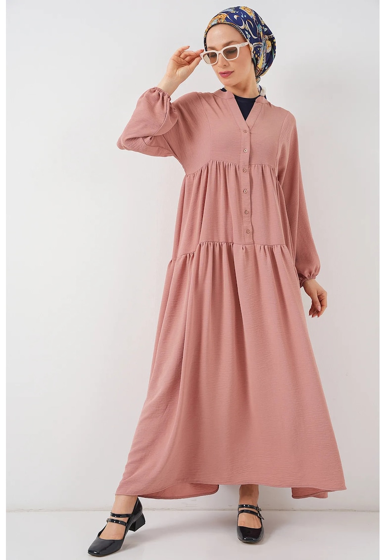 Rochie maxi dama - HiCCUP - elastan/poliester - decolteu in V - inchidere cu nasturi - roz