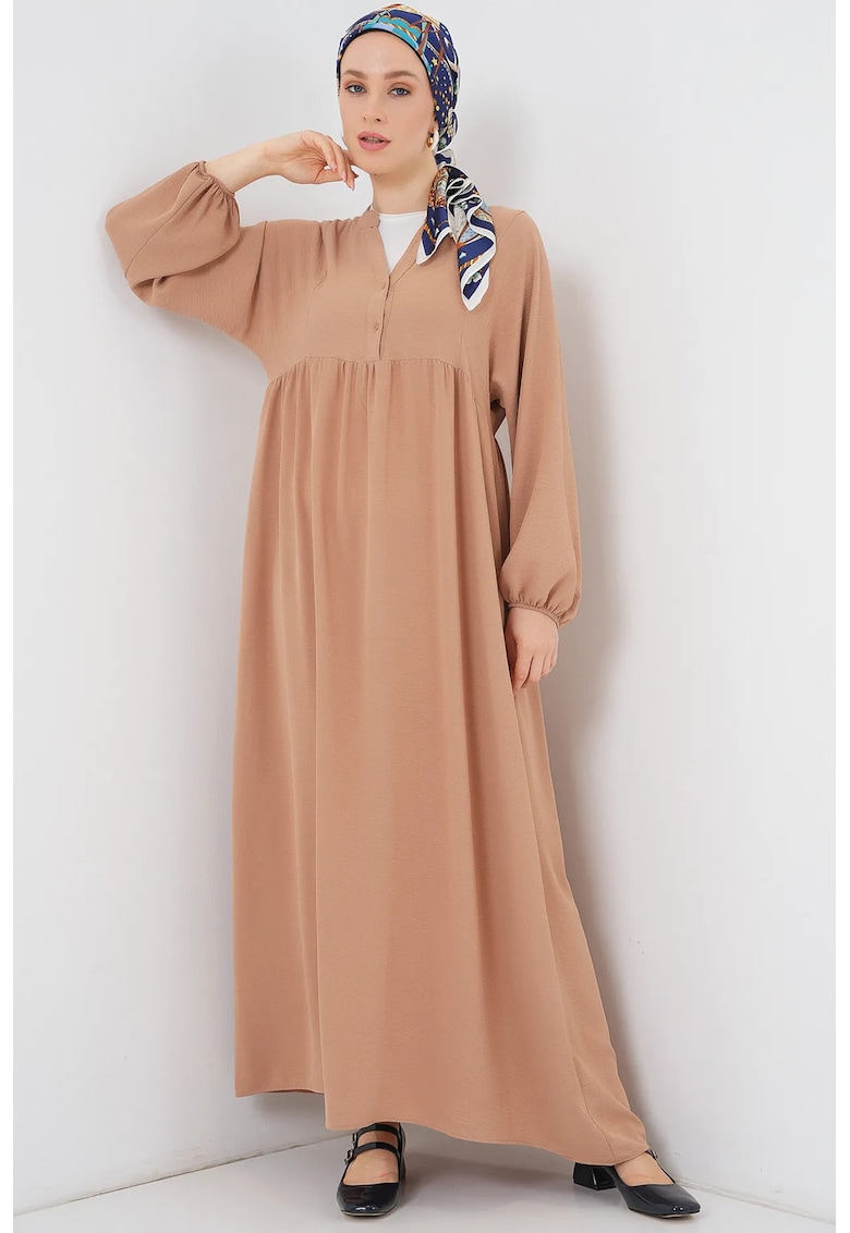 Rochie maxi dama - HiCCUP - poliester - decolteu in V si nasturi - maro