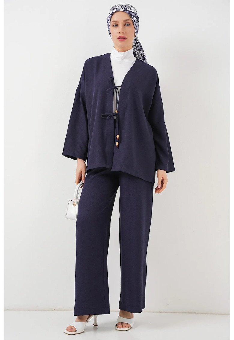 Set doua piese - cardigan texturat cu decolteu in V si pantaloni lati - albastru - textil