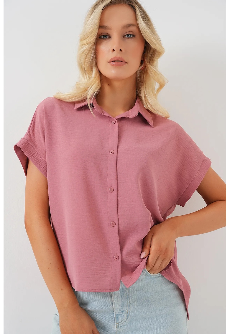 Camasa dama -  din poplin - croiala lejera - roz - bumbac